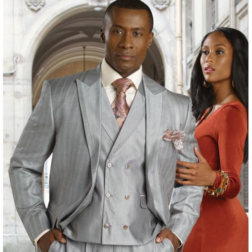 Tayion Collection Taupe With Cream / Cognac Double Pinstripes Design Suit 014.